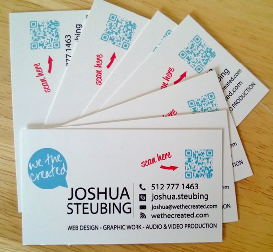 Joshua Steubing QR code business cards placed on table