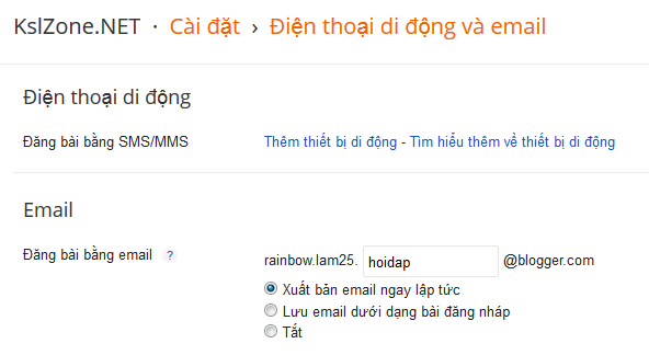 Tùy chọn đăng bài bằng email trong Blogger