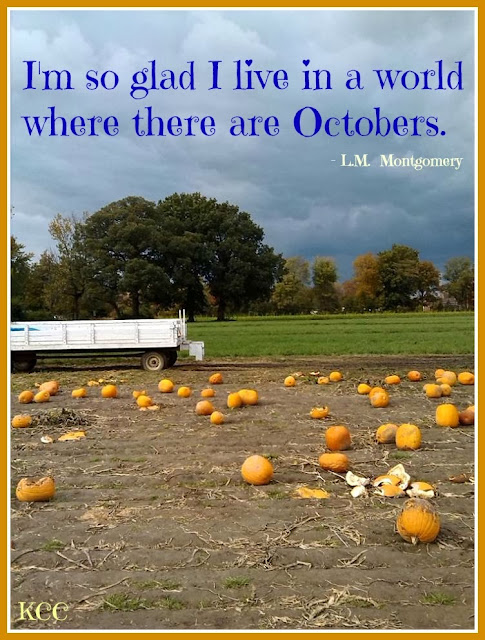 Fall Quote by L.M. Montgomery with Pumpkin Patch October Hayride Meme for Facebook or Pinterest.
