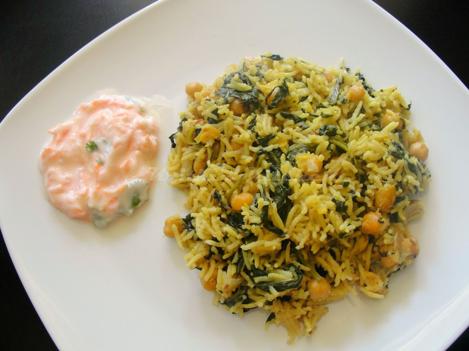 Krithi's Kitchen Spinach Chickpea Pulao / Palak Channa Pulav Indian