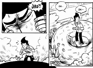 Szene aus dem Webcomic Jiro öffnet in dem Loch verängstigt die Augen, als beinahe ein Donutmaskottchen auf ihn fiel.
