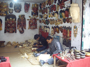 "Wood Carvings" artisans at work in Thamel in Kathmandu.
