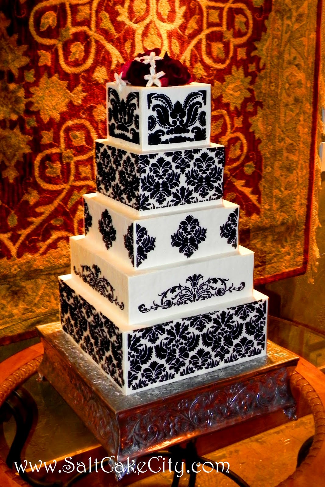 Salt Cake City 5Tier Black and White Damask Cake