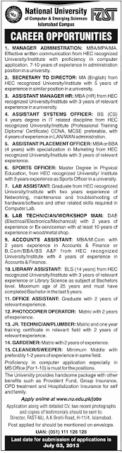 Fast University Islamabad Campus Job Opportunity Jang News 25 July 2013