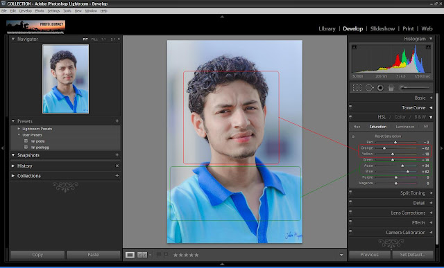 Correcting Skin Tones in Adobe Photoshop Lightroom - Part1 (Very Basic Things to DO) : Before we start on correcting skin tones, I would want you to read few basic things shared at BASIC GUIDELINES FOR POST-PRODUCTION OF PEOPLE PORTRAITS !!! Ensuring correct skin color in a photograph is most important for people portraits. Unlike other type of photographs, it's really important to have right tones and colors in Photographs having people portraits !Here is my preferred workflow of processing People portraits !!!1. Import your shot photographs into Lightroom. 2. First step would be adjusting basic things in photograph. Like white-balance, Camera/lens Corrections, Exposure etc. Let's have a look at tools which help in doing these and I would try to show all the results through screen-shots from my computer.2a. Go to Develop Module of Adobe Lightroom2b. Now you see lot of Adjustment controls on right side of Lightroom. By looking at the photograph of this young boy, we shall start with Basic Adjustments.Do you see some difference in overall Photograph after basic adjustments? I will not repeat how these controls work. Please check out THIS LINK to understand basic adjustments.3. Next basic step is to apply Lens correction which will remove very basic distortions from your photograph. In case you have specific requirements, that can be catered through Manual controls.4. Next important step is to zoom and see what extra spots or scars we need to remove from photograph. So just select the area in Navigator which will be shown in the middle of the canvas. Please see screenshot below and marking to understand it better.After some clean efforts, we see some improvements and more requirement as well... I will stop here to proceed further... Don't forget to see marking in the screenshot below. You may need to use Close or heal depending upon photographs and density of scars. Also there are sliders to change size and opacity if spot healing brush !!!See the difference after using Spot Healing Brush !!!5. Next step would be adjusting tonal values to adjust skin color and shirt !!! Please see photograph below with marks to understand the changes done. With color smoothness is also important and for boys if it becomes very smooth, use some grains or sharpness depending upon photograph and texture you need.6. At times some sharpness is required to make things shine. Sharpening hair is a very important thing people want to do in Fashion industry !!! Details section in Develop module give various controls to adjust Sharpness and Noise !!!7. Lets use Effects controls to have some vignette type effect which is not required and it should be avoided for professional portfolios... But some people like it, so I thought of adding here !!!8. See your final results and get ready for next tutorial on Portrait post-production with more details !!!Here is our final result after very basic controls. And let me share that it skin color tastes, demands and texture depends upon person to person and style. He will discuss various skin colors in near future and ways to achieve them !!!Please feel free to comment back to know more about any of the things discussed here !!!