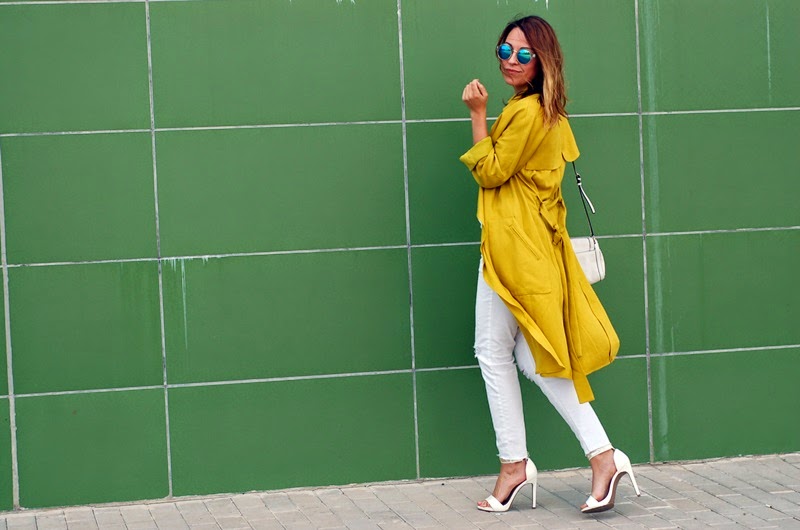 total white outfit and green trench street style