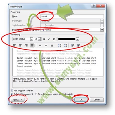 Gambar: Merubah format style menggunakan Modify Style Dialog di Microsoft Word 2007