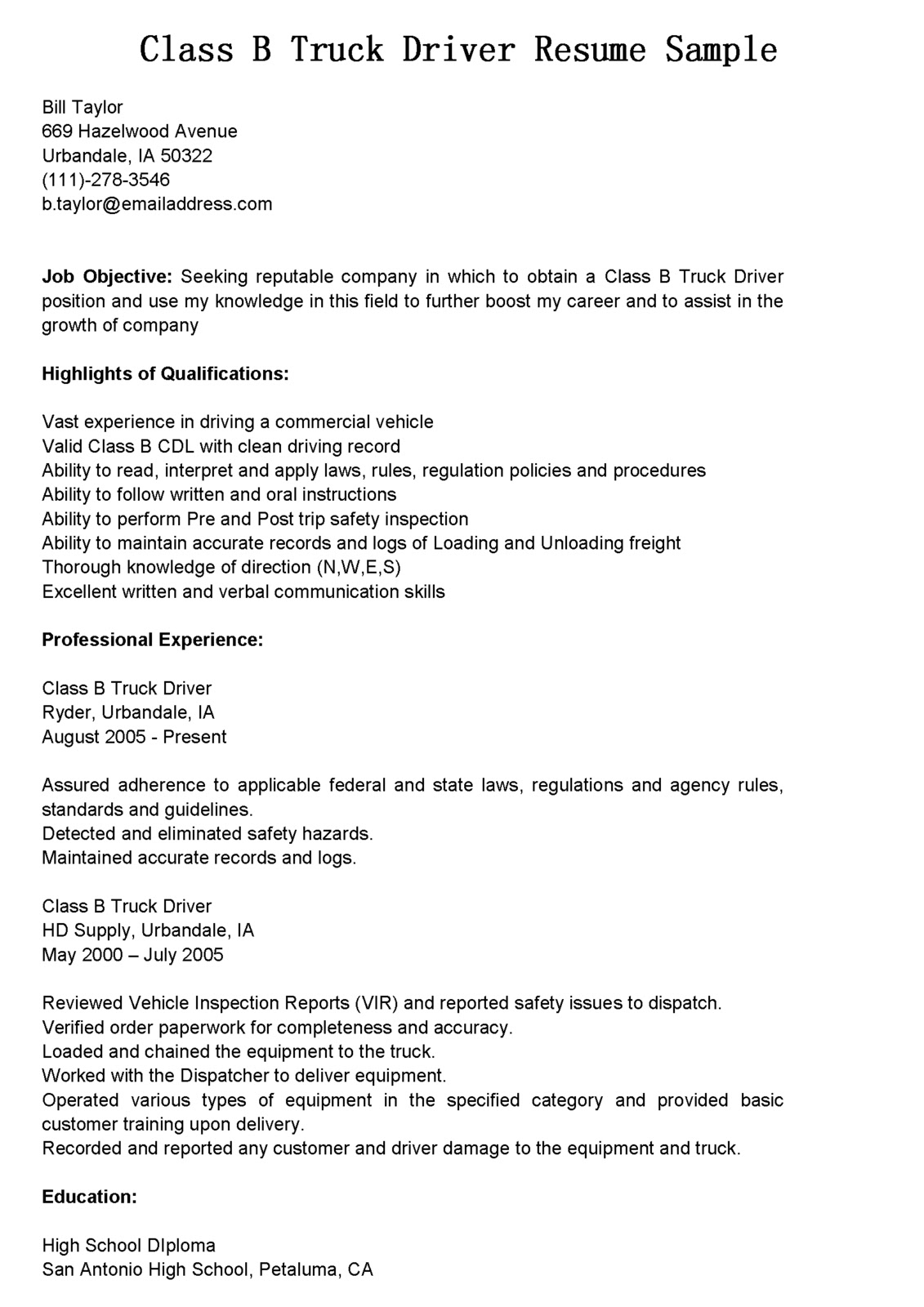 Sample objective for truck driver resume