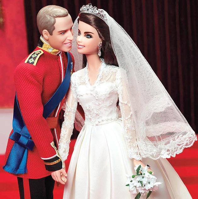 They depict the royal couple on their wedding day with Kate wearing a lace