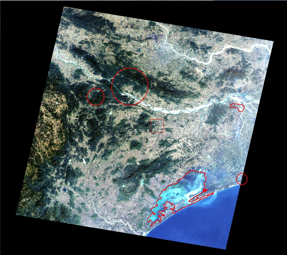 this image uses bands 1 3 visible to depict the orissa region of india overlaid with protected areas in this part of the subcontinent the red outlines this image uses bands 1 3 visible to depict the orissa region of india overlaid with protected areas in this part of the subcontinent the red outlines