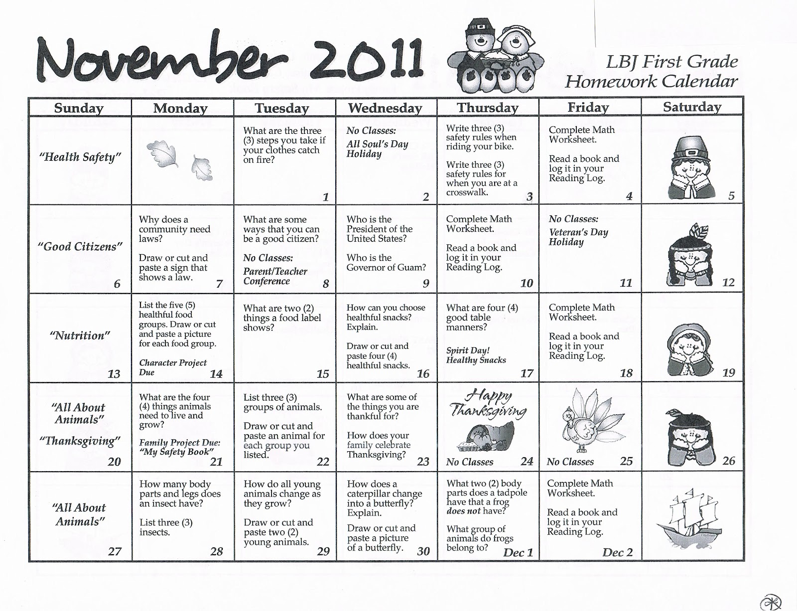 Grade one homework calendar picture