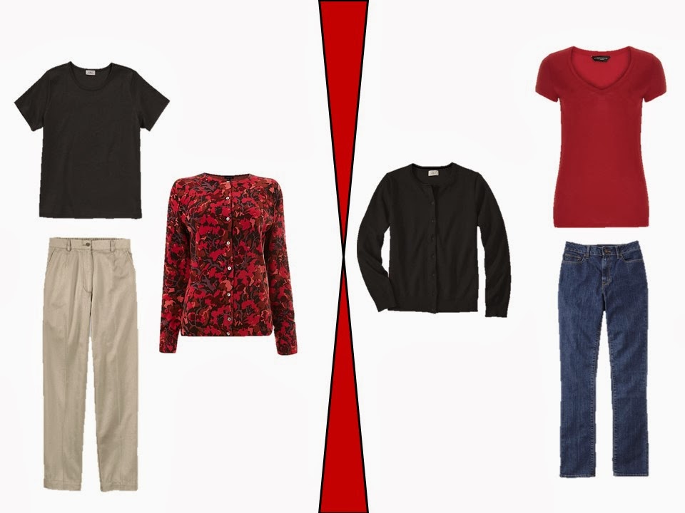 two outfits that incorporate ornamented red garments into a neutral wardrobe two outfits that incorporate ornamented red garments into a neutral wardrobe