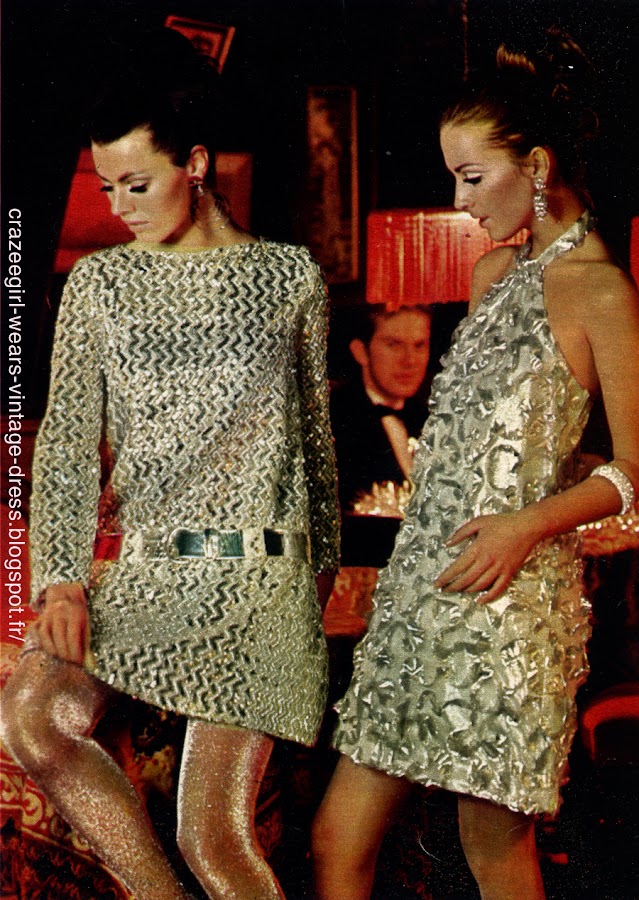 1966 party dress ! Lurex , louis feraud maxi librati metallic , silver , gold mod twiggy space age gogo cocktail robe reveillon vintage annees 60