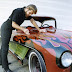 Larry pinstriping a Corvette, matched set of photos from tonightwedrinktomorrowweride.tumblr.com
