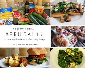 Mosaic of images showing a selection of groceries, three meals and berry muffins. The meals are spinach, mushrooms and feta on turkish toast, salmon burger on a sour dough roll with smashed potatoes and spinach, lentil and baked haloumi salad.
