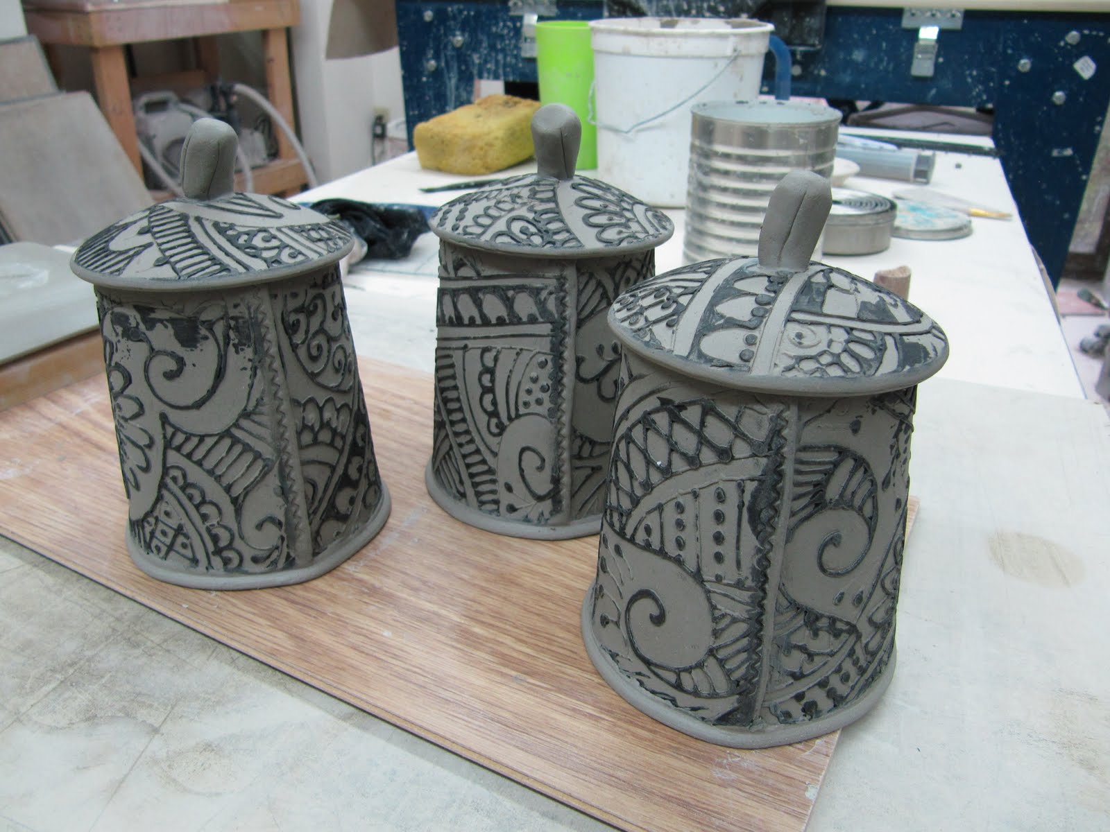 Creative with clay Pottery by Charan Sachar Handbuilt Lidded jars/ mugs