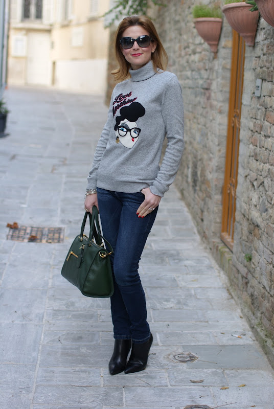 Moschino sweater, wedge ankle boots