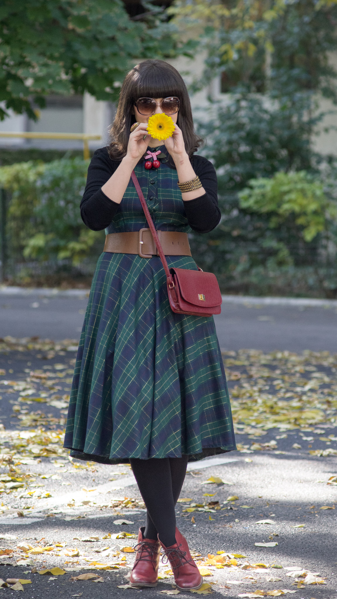 fall midi tartan dress burgundy boots bag koton brown belt cherries accessory yellow gerbera