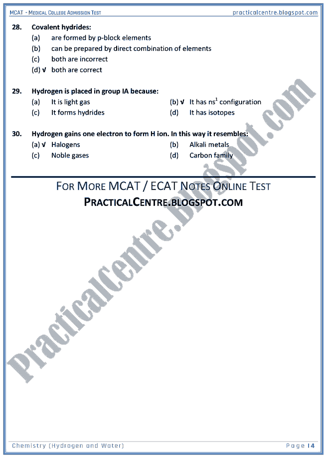 mcat-chemistry-hydrogen-&-water-mcqs-for-medical-college-admission-test