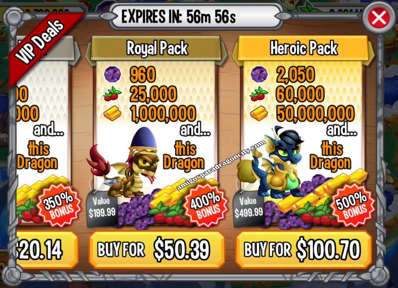 Royal Pack y Heroic Pack imagen de las ofertas royal pack y heroic pack de dragon city ios y android