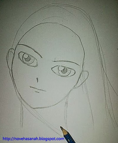 langkah-8-cara-menggambar-anime-cewek gambar sketsa outline rambut bagian atas kepala dan buat helaian rambut agar terlihat alami tergerai