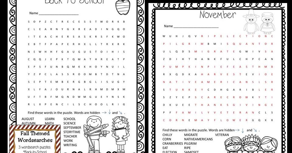 Fern's Freebie Friday ~ Back to School Fall Themed Word Searches - Fern
