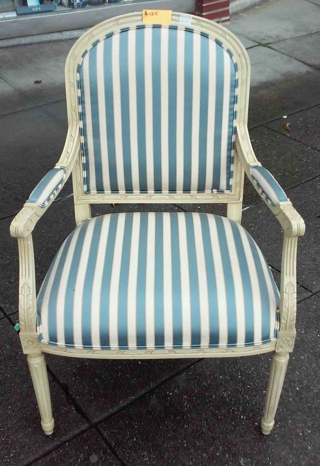 UHURU FURNITURE & COLLECTIBLES SOLD Cream and Teal Striped Arm Chair
