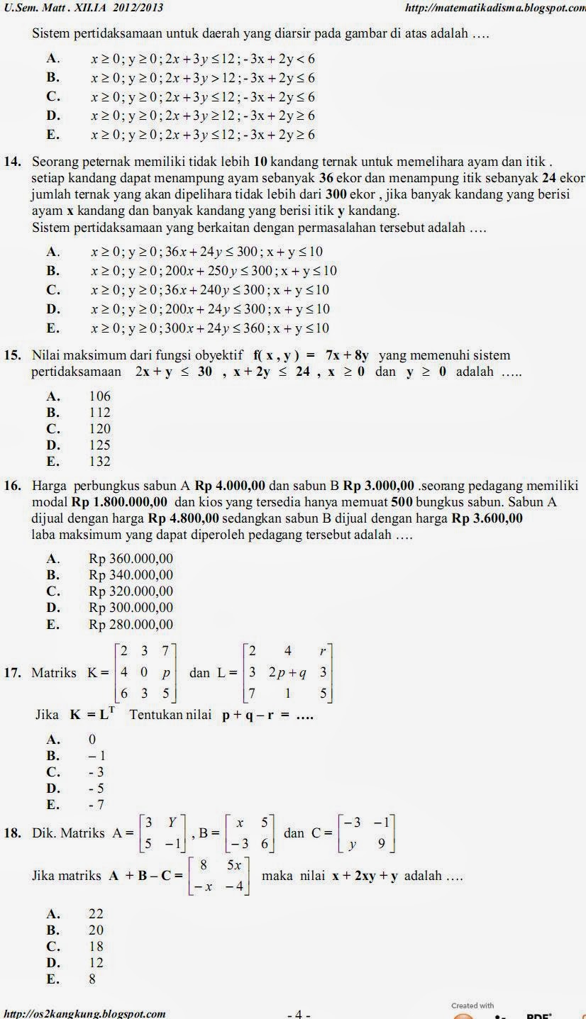 MATEMATIKA DI SMA SOAL SOAL DAN KUNCI JAWABAN MATEMATIKA
