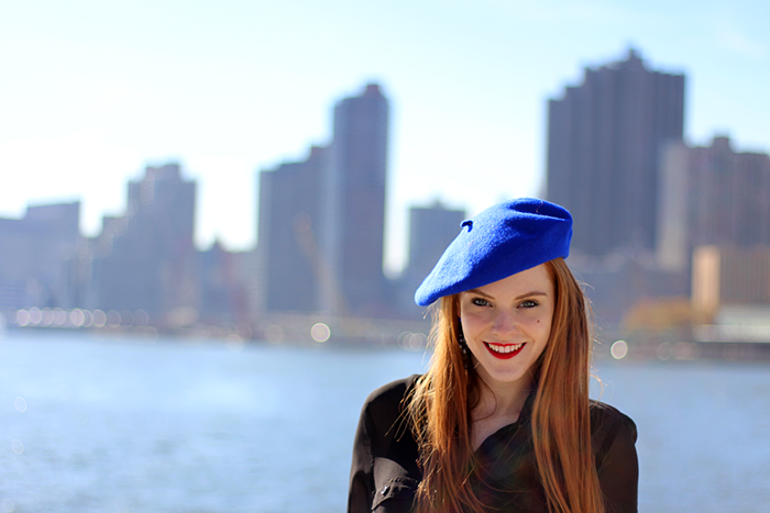 New York Fashion Blogger outfit with cobalt blue beret, red hair and dalmatian print skirt
