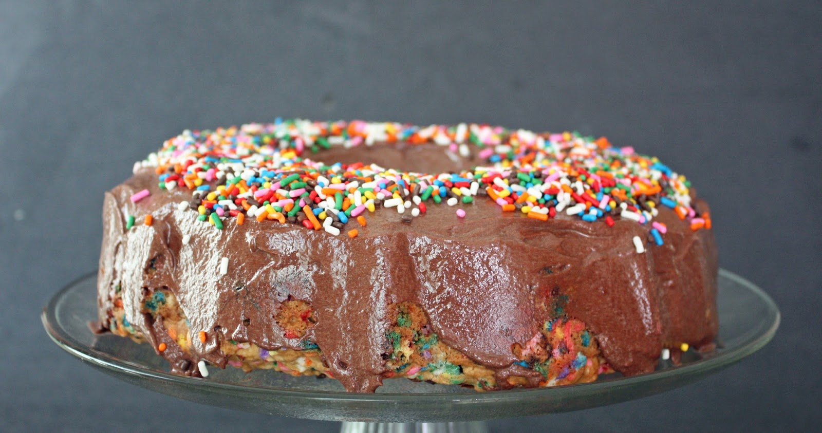 Confetti bundt cake with whipped chocolate ganache frosting (