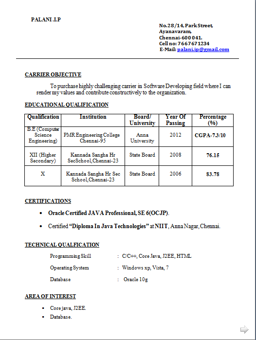 cv format for freshers