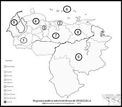 Mapa con los nombres de las Regiones politico-administrativas de VENEZUELA, blanco y negro Mapa con los nombres de las Regiones politico-administrativas de VENEZUELA, blanco y negro