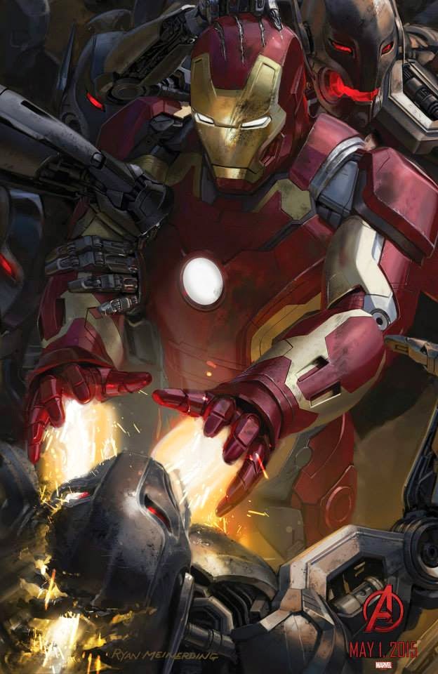 Железный-Человек отбивается от дронов Альтрона, пока сам Альтрон сдирает метал со шлема Тони