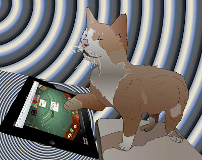 casino cat playing on the ipad