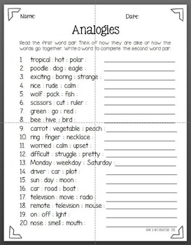 Analogy Worksheets With Answers 6Th Grade