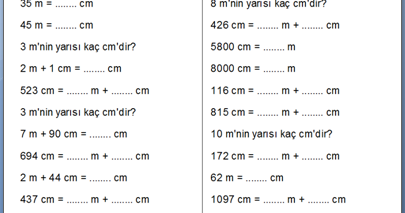 Uzunlukları Ölçme Çalışma Sayfası, 3. Sınıf Etkinlikleri - dersteknik.com