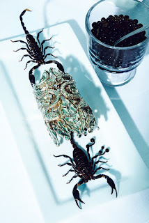 eating scorpions, model eating delicacies, model eating caviar