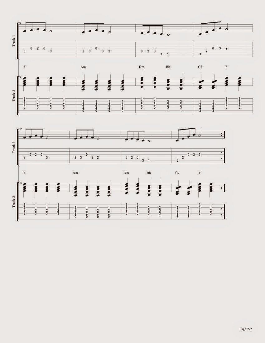 Easy exercise in F Major Melody Song for classical guitar tablature sheet music with chords