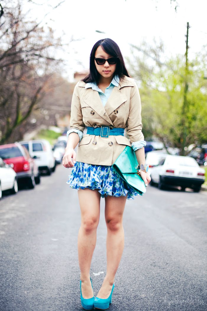 go jane floral sundress, forever 21 trench, old navy blue button up shirt, rough justice suede pumps, austin street style, austin fashion blog, diya liu