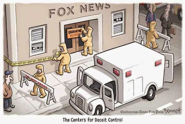 Title:  Toxic.  Image:  Hazmat team cordoning off Fox News.