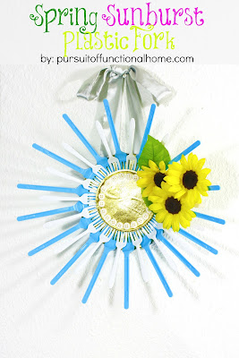 Spring Sunburst Plastic Fork. Spring Sunburst Plastic Fork. Torqouise and white forks, Yellow Sunflower and white buttons forming a circle in middle.