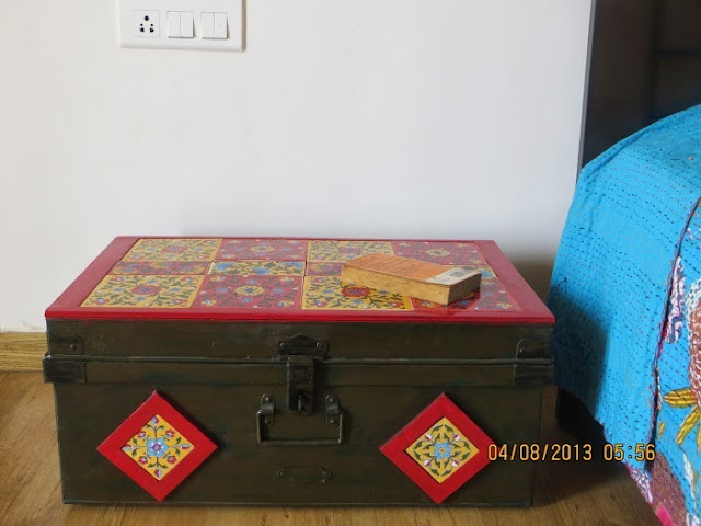 aluminium box convertted into a side table, tilework home tour bengaluru
