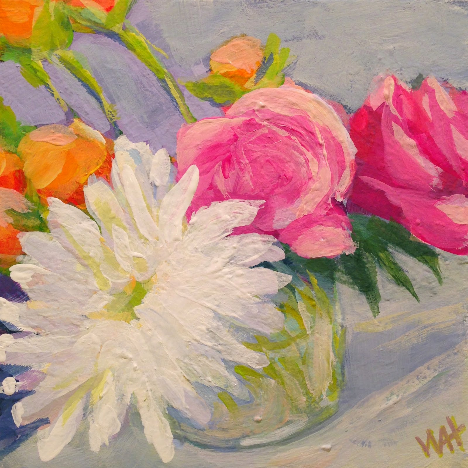 Acrylic painting by whitney heavey square painting of roses and chrysanthemums and ranunculus