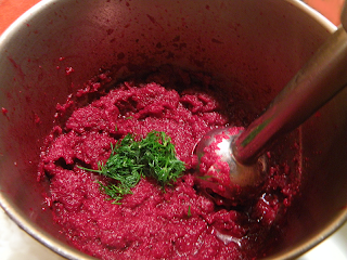 Immersion Blending Beets and Dill in Deep Narrow Pot