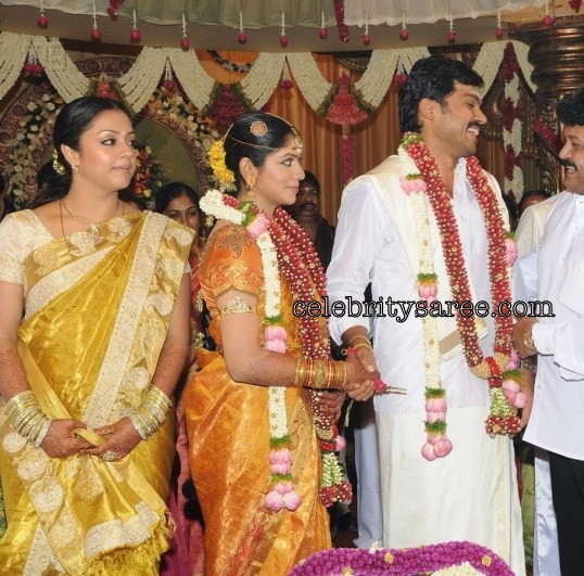 Jyothika Yellow Traditional Silk Saree at Karthi and Ranjani Wedding Event