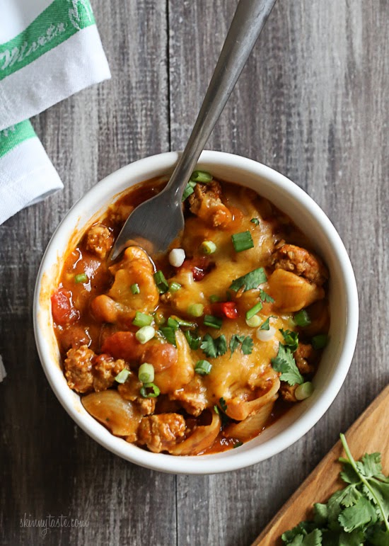 One Pot Cheesy Turkey Taco Chili Mac Skinnytaste