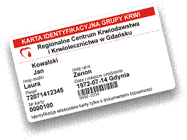 Karta wydawana przez Regionalne Centrum Krwiodawstwa i Krwiolecznictwa w Gdańsku Karta krwi.