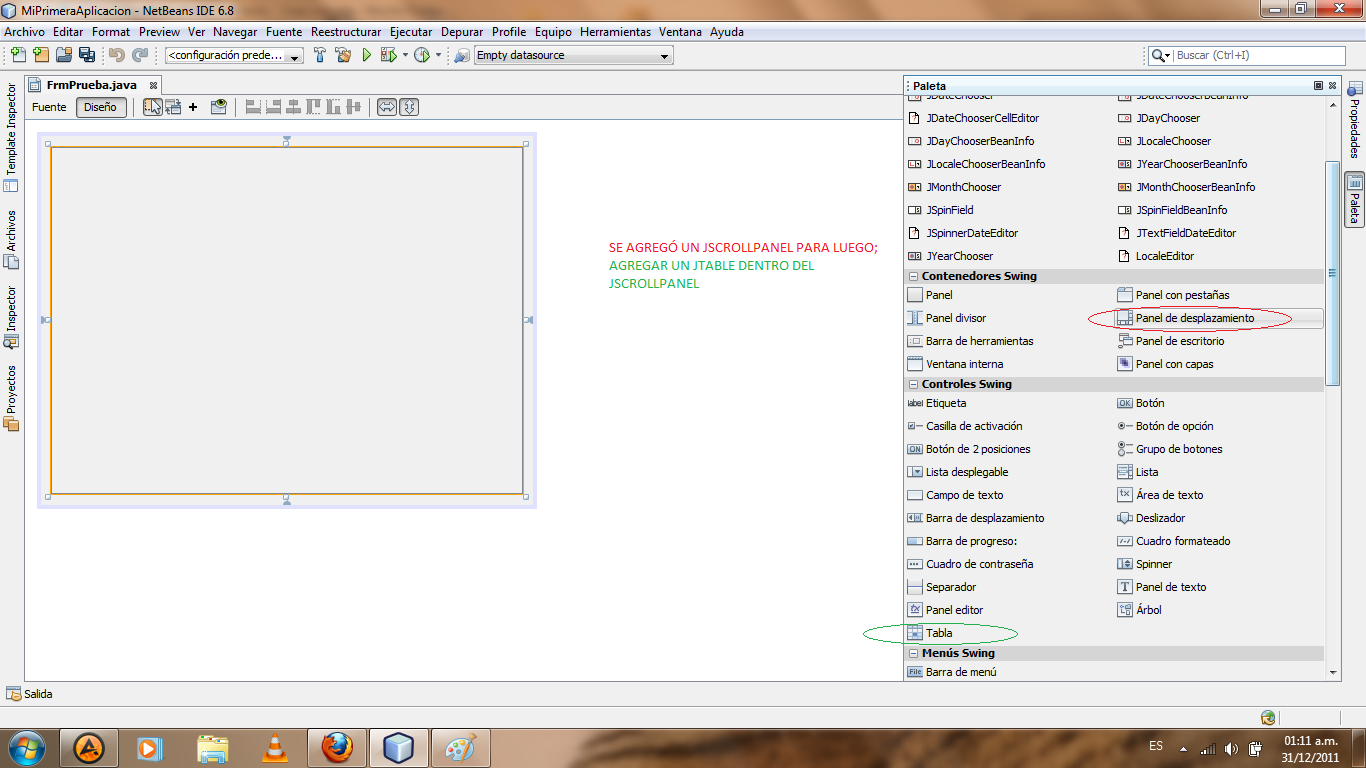 Desarrollador de Java IDE Netbeans Creación de una Tabla con