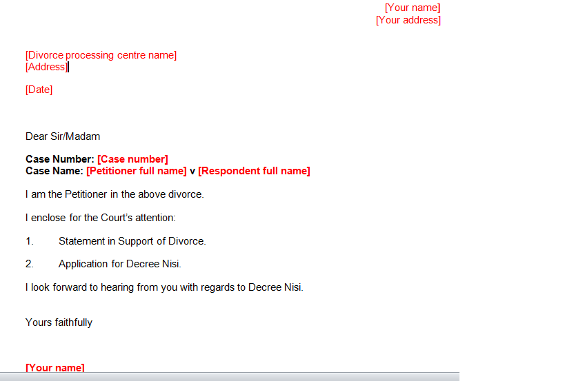 Divorce cover letter to court