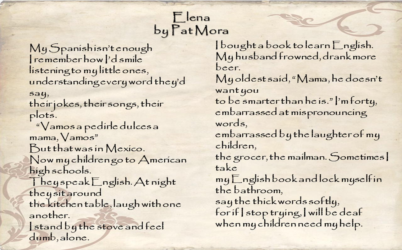 analysis of the poem elena by pat mora An essay or paper on chicana poet pat mora lotsofessays beginning with title and going through the poem from there mora titles the poem elena, which is the. analysis of the poem elena by pat mora An essay or paper on chicana poet pat mora lotsofessays beginning with title and going through the poem from there mora titles the poem elena, which is the.